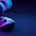 Gamepad and headphones with copy space 3D render